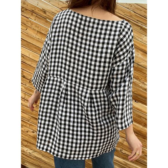 SOLD Eileen Fisher Linen Gingham 3/4 Sleeve Blouse - Picture 3 of 8